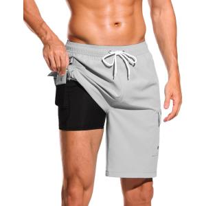 imageSILKWORLD Mens Swim Trunks with Compression Liner Quick Dry Bathing Suits 9 Inch Swimming Shorts with Cargo PocketsLight Grey