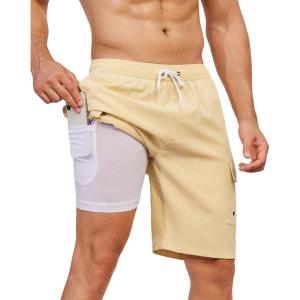 imageSILKWORLD Mens Swim Trunks with Compression Liner Quick Dry Bathing Suits 9 Inch Swimming Shorts with Cargo PocketsLight Khaki