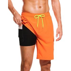 imageSILKWORLD Mens Swim Trunks with Compression Liner Quick Dry Bathing Suits 9 Inch Swimming Shorts with Cargo PocketsOrange