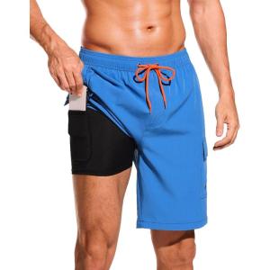 imageSILKWORLD Mens Swim Trunks with Compression Liner Quick Dry Bathing Suits 9 Inch Swimming Shorts with Cargo PocketsSea Blue