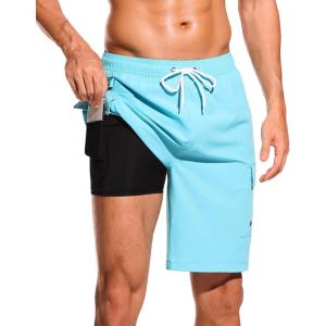 imageSILKWORLD Mens Swim Trunks with Compression Liner Quick Dry Bathing Suits 9 Inch Swimming Shorts with Cargo PocketsSky Blue