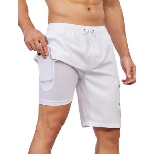 imageSILKWORLD Mens Swim Trunks with Compression Liner Quick Dry Bathing Suits 9 Inch Swimming Shorts with Cargo PocketsWhite