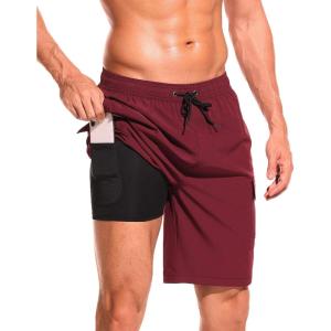 imageSILKWORLD Mens Swim Trunks with Compression Liner Quick Dry Bathing Suits 9 Inch Swimming Shorts with Cargo PocketsWine Red