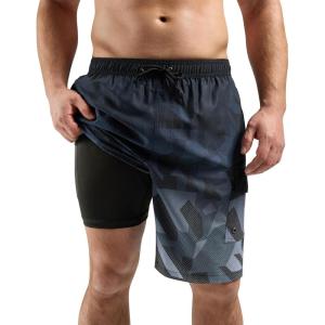 imageSILKWORLD Mens Swim Trunks with Compression Liner Quick Dry Bathing Suits 9 Inch Swimming Shorts with Cargo PocketsZ0 Black Grey Geometric Gradient