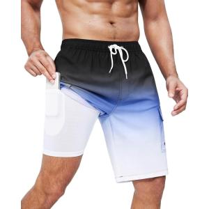 imageSILKWORLD Mens Swim Trunks with Compression Liner Quick Dry Bathing Suits 9 Inch Swimming Shorts with Cargo PocketsZ0 Black Grey White Gradient