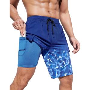imageSILKWORLD Mens Swim Trunks with Compression Liner Quick Dry Bathing Suits 9 Inch Swimming Shorts with Cargo PocketsZ0 Blue Geometric Gradient