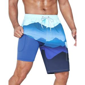 imageSILKWORLD Mens Swim Trunks with Compression Liner Quick Dry Bathing Suits 9 Inch Swimming Shorts with Cargo PocketsZ0 Blue Gradient
