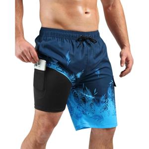 imageSILKWORLD Mens Swim Trunks with Compression Liner Quick Dry Bathing Suits 9 Inch Swimming Shorts with Cargo PocketsZ0 Blue Leaf
