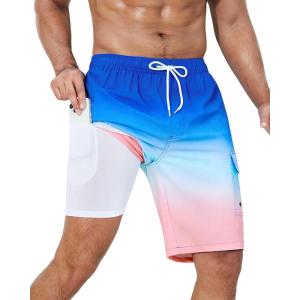 imageSILKWORLD Mens Swim Trunks with Compression Liner Quick Dry Bathing Suits 9 Inch Swimming Shorts with Cargo PocketsZ0 Blue Pink Gradient