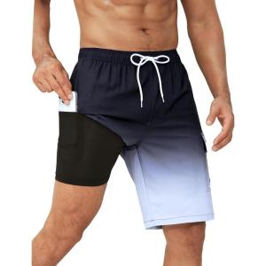 imageSILKWORLD Mens Swim Trunks with Compression Liner Quick Dry Bathing Suits 9 Inch Swimming Shorts with Cargo PocketsZ0 Gradient Black Grey