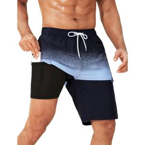 imageSILKWORLD Mens Swim Trunks with Compression Liner Quick Dry Bathing Suits 9 Inch Swimming Shorts with Cargo PocketsZ0 Gradient Black Grey Blue