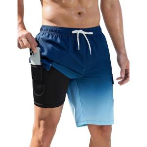 imageSILKWORLD Mens Swim Trunks with Compression Liner Quick Dry Bathing Suits 9 Inch Swimming Shorts with Cargo PocketsZ0 Gradient Blue