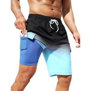 imageSILKWORLD Mens Swim Trunks with Compression Liner Quick Dry Bathing Suits 9 Inch Swimming Shorts with Cargo PocketsZ0 Gradient Navy