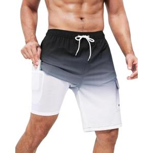 imageSILKWORLD Mens Swim Trunks with Compression Liner Quick Dry Bathing Suits 9 Inch Swimming Shorts with Cargo PocketsZ0 Grey Gradient