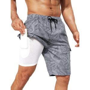 imageSILKWORLD Mens Swim Trunks with Compression Liner Quick Dry Bathing Suits 9 Inch Swimming Shorts with Cargo PocketsZ0 Grey Leaf