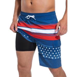 imageSILKWORLD Mens Swim Trunks with Compression Liner Quick Dry Bathing Suits 9 Inch Swimming Shorts with Cargo PocketsZ0 Us Flag Blue Red White
