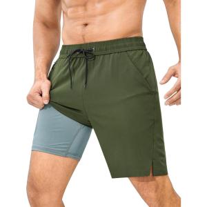 imageSILKWORLD Mens Swim Trunks Quick Dry Bathing Suit Board Swimming Shorts with Zipper Pockets and Compression LinerArmy Greenwith Gray Liner