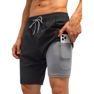imageSILKWORLD Mens Swim Trunks Quick Dry Bathing Suit Board Swimming Shorts with Zipper Pockets and Compression LinerBlack