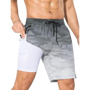 imageSILKWORLD Mens Swim Trunks Quick Dry Bathing Suit Board Swimming Shorts with Zipper Pockets and Compression LinerBlack Grey Camouflage