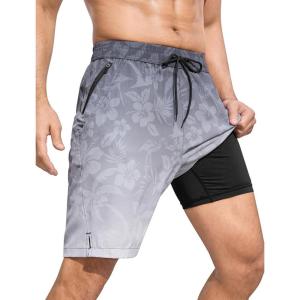 imageSILKWORLD Mens Swim Trunks Quick Dry Bathing Suit Board Swimming Shorts with Zipper Pockets and Compression LinerBlack White Leaves