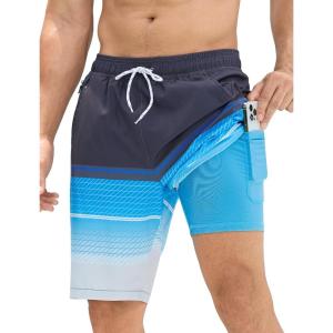 imageSILKWORLD Mens Swim Trunks Quick Dry Bathing Suit Board Swimming Shorts with Zipper Pockets and Compression LinerBlackblue Grid