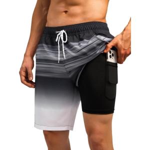 imageSILKWORLD Mens Swim Trunks Quick Dry Bathing Suit Board Swimming Shorts with Zipper Pockets and Compression LinerBlackgray Stripes