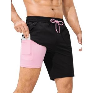 imageSILKWORLD Mens Swim Trunks Quick Dry Bathing Suit Board Swimming Shorts with Zipper Pockets and Compression LinerBlackpink Liner