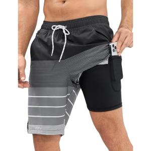 imageSILKWORLD Mens Swim Trunks Quick Dry Bathing Suit Board Swimming Shorts with Zipper Pockets and Compression LinerBlackwhite Pinstripes