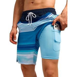 imageSILKWORLD Mens Swim Trunks Quick Dry Bathing Suit Board Swimming Shorts with Zipper Pockets and Compression LinerBlue and White Stripes