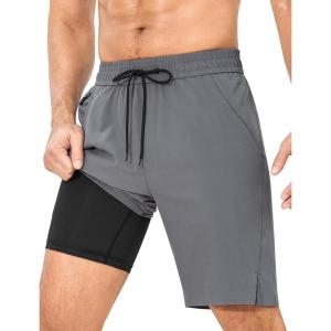 imageSILKWORLD Mens Swim Trunks Quick Dry Bathing Suit Board Swimming Shorts with Zipper Pockets and Compression LinerDark Greywith Black Liner