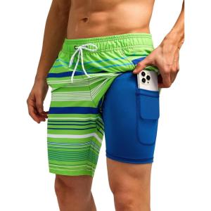 imageSILKWORLD Mens Swim Trunks Quick Dry Bathing Suit Board Swimming Shorts with Zipper Pockets and Compression LinerGreenblue Stripes