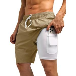 imageSILKWORLD Mens Swim Trunks Quick Dry Bathing Suit Board Swimming Shorts with Zipper Pockets and Compression LinerKhaki