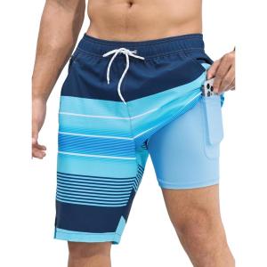 imageSILKWORLD Mens Swim Trunks Quick Dry Bathing Suit Board Swimming Shorts with Zipper Pockets and Compression LinerNavy Blue Pinstripes