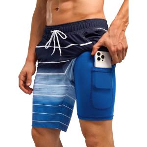 imageSILKWORLD Mens Swim Trunks Quick Dry Bathing Suit Board Swimming Shorts with Zipper Pockets and Compression LinerNavy Blue Stripes