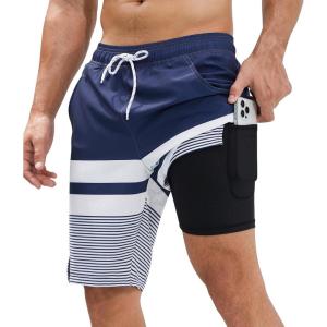 imageSILKWORLD Mens Swim Trunks Quick Dry Bathing Suit Board Swimming Shorts with Zipper Pockets and Compression LinerNavywhite Stripes