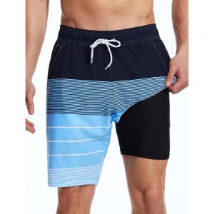 imageSILKWORLD Mens Swim Trunks Quick Dry Bathing Suit Board Swimming Shorts with Zipper Pockets and Compression LinerPinstripenavy Blue