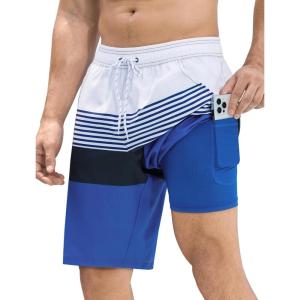 imageSILKWORLD Mens Swim Trunks Quick Dry Bathing Suit Board Swimming Shorts with Zipper Pockets and Compression LinerWhiteblue Stripes