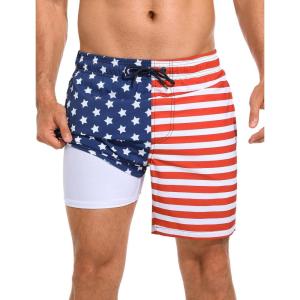 imageSILKWORLD Mens Swim Trunks Quick Dry Compression Liner 2 in 1 Shorts Men SwimsuitAmerican Flag