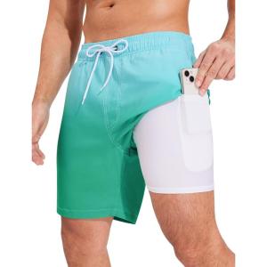 imageSILKWORLD Mens Swim Trunks Quick Dry Compression Liner 2 in 1 Shorts Men SwimsuitBlue Green Gradient