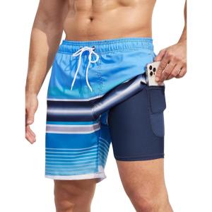 imageSILKWORLD Mens Swim Trunks Quick Dry Compression Liner 2 in 1 Shorts Men SwimsuitBlue White Stripes