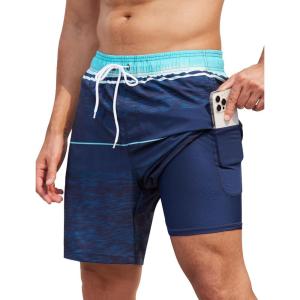 imageSILKWORLD Mens Swim Trunks Quick Dry Compression Liner 2 in 1 Shorts Men SwimsuitNavy Blue Stripes