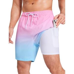 imageSILKWORLD Mens Swim Trunks Quick Dry Compression Liner 2 in 1 Shorts Men SwimsuitPink Blue Gradient