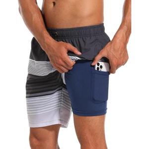 imageSILKWORLD Mens Swim Trunks Quick Dry Compression Liner 2 in 1 Shorts Men SwimsuitStripe Black  Gray Gradient01
