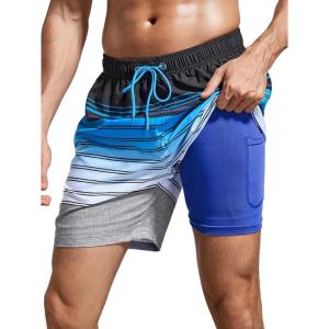 imageSILKWORLD Mens Swim Trunks Quick Dry Compression Liner 2 in 1 Shorts Men SwimsuitStripe Blue  Gray Stripes01