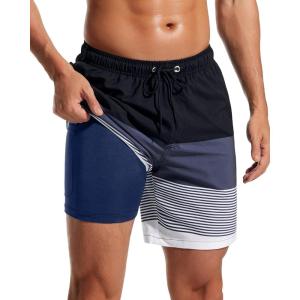 imageSILKWORLD Mens Swim Trunks Quick Dry Compression Liner 2 in 1 Shorts Men SwimsuitStripeblack  Gray  White