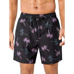 imageSILKWORLD Mens Swimming Trunks 5 Inch Inseam Swim Shorts Summer Bathing Suit Swimwear Beachwear with PocketsBlack Pink Coconut Tree