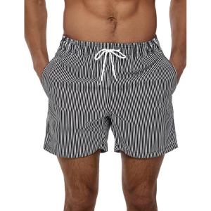 imageSILKWORLD Mens Swimming Trunks 5 Inch Inseam Swim Shorts Summer Bathing Suit Swimwear Beachwear with PocketsBlack Striped