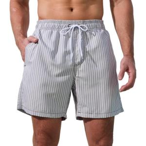 imageSILKWORLD Mens Swimming Trunks 5 Inch Inseam Swim Shorts Summer Bathing Suit Swimwear Beachwear with PocketsGrey White Stripes
