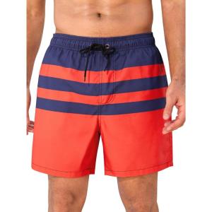 imageSILKWORLD Mens Swimming Trunks 5 Inch Inseam Swim Shorts Summer Bathing Suit Swimwear Beachwear with PocketsNavy Red Stripes