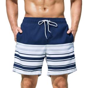 imageSILKWORLD Mens Swimming Trunks 5 Inch Inseam Swim Shorts Summer Bathing Suit Swimwear Beachwear with PocketsNavy Stripes